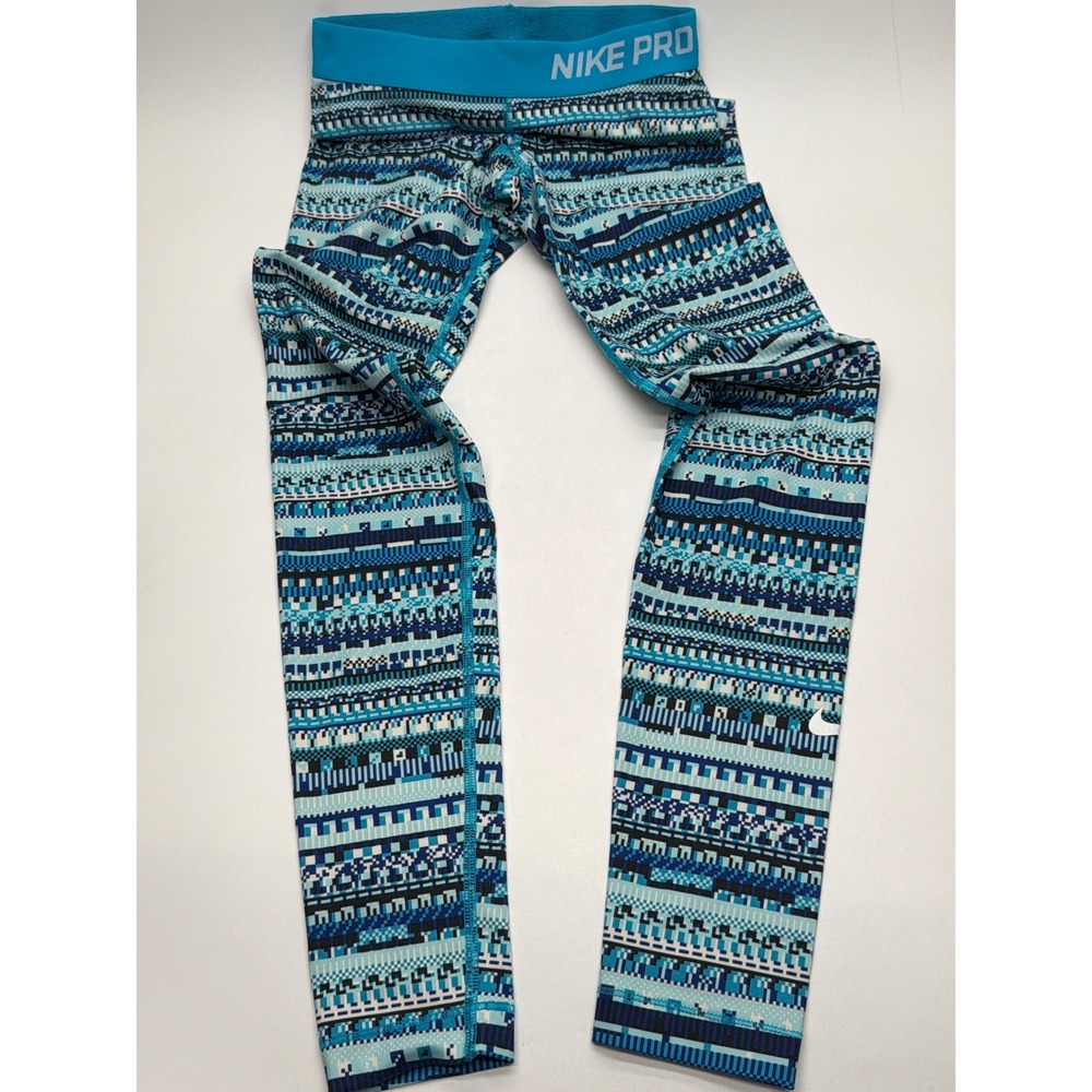 Nike Pro Dri-FIT Leggings Womens XS‎ Blue Geometric Pixel Print Athletic Tights
